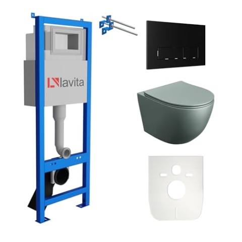 Lavita LAV 101 Vorwandelement für WC 40cm + Wand Hänge Tiefspül WC SINTO Grau Spülrandlos + Bedienplatte LAV 200.3.4 Schwarz | Komplettset | Unterputz Spülkasten | Toilette Komplett Sett