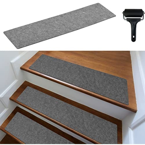 cocofy Treppenstufen Matten modern 15er Set, 75x20 cm groß Filz selbstklebend | Stufenmatten innen 15 Stück Teppich Treppenstufen Treppenteppich selbstklebend Treppen Teppichstufen Stufenteppich, grau