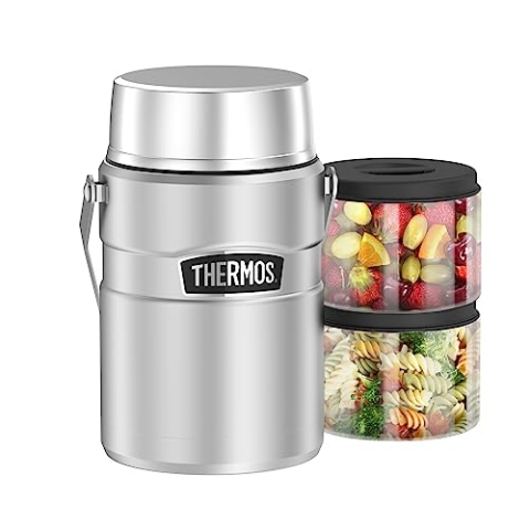 Thermos STAINLESS KING Thermobehälter für Essen silber 1,20l - Edelstahl, absolut dicht, hält Speisen 12h heiß & 24h kalt, mit 2 Allrounder-Einsätzen, BPA-frei