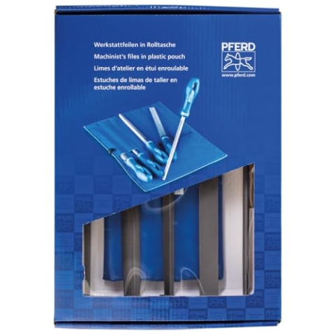 PFERD Werkstattfeilen-Set in PVC-Rolltasche mit Umkarton, 5 Feilen, Kreuzhieb H2, 250mm, 11801542 – für universelle Schrupp- und Schlichtarbeiten geeignet