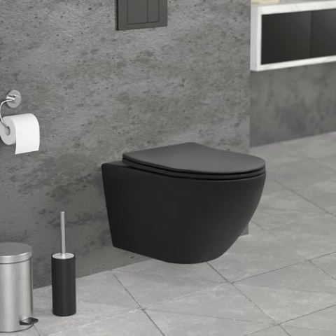 LuxeBath Wand WC Spülrandlos, Schwarz matt, Tiefspüler Keramik Hänge WC lang 53,5 cm, Toilette ohne Spülrand mit Nano Beschichtung, Tornadospülung, Kloschüssel Hängend mit WC-Sitz Absenkautomatik