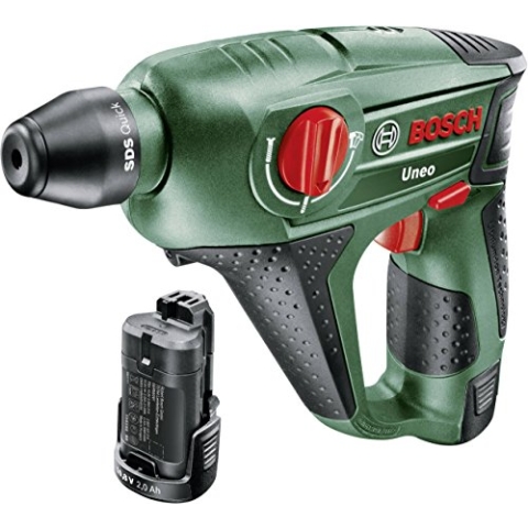 Bosch DIY Akku-Bohrhammer Uneo, 2 Akku, Ladegerät, Betonbohrer, 2 x Universalbohrer 5 und 6 mm, Bits, Koffer (10,8 V, 2,0 Ah, 10 mm Bohr-Ø Beton)