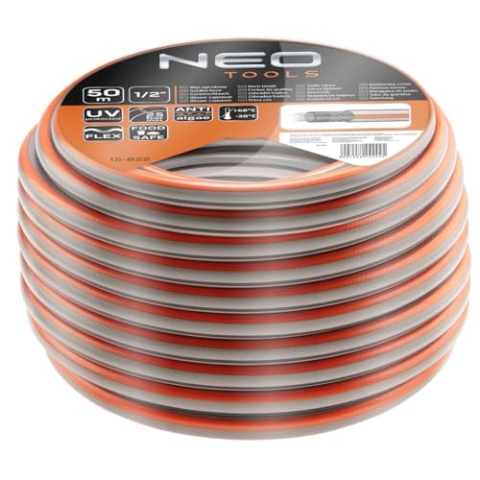 NEO TOOLS Gartenschlauch 1/2 Zoll, 50 m Länge, 4-lagiger - UV-beständig, Flexibel Schlauch, Food Safe – Trinkwasserschlauch - Wasserschlauch aus Erst-PVC mit Anti-Algen-Innenausstattung - Optima Serie