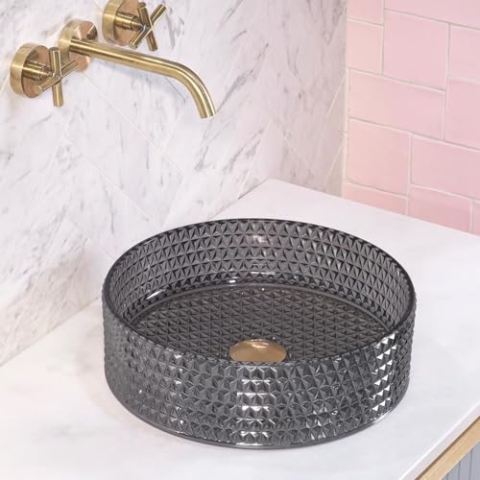 Rea Aufsatzwaschbecken Cristal Black, Waschtisch Handwaschbecken Spülbecken Waschschale Waschbecken für Badezimmer aus Glas, 355 x 355 x 115 mm (schwarz)