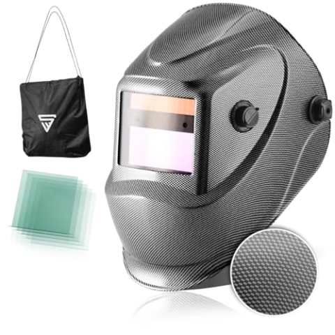 STAHLWERK Automatik-Schweißhelm 3 in 1 Carbonoptik ST-450 RC - Schweißerhelm mit True-Colour für Einsteiger, autom. Abdunkelung DIN 9-13, optimales Sichtfeld 92,5 x 42,5 mm, inkl. 5 Ersatzscheiben