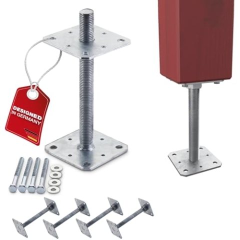 SOTECH 4er Set Pfostenträger 110 x 110 x 250 mm Gewinde M24 Stahl feuerverzinkt Stützträger höhenverstellbar Pfostenfuß zum aufschrauben Witterungsbeständig