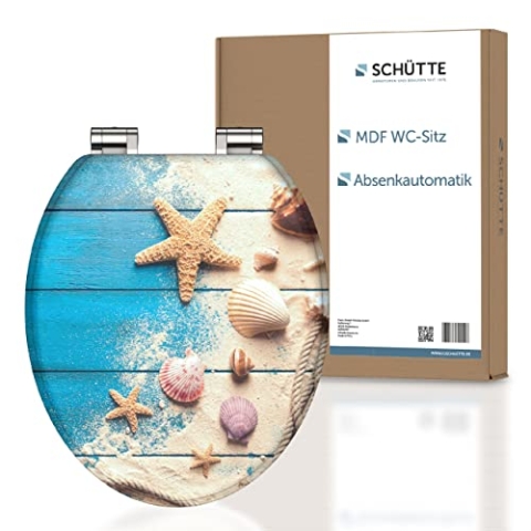 SCHÜTTE WC-Sitz BEACH WOOD mit Absenkautomatik aus Holz | Toilettensitz mit Klodeckel | Holzkern Toilettendeckel mit Motiv (maximale Belastung der Klobrille 175 kg) | Bunt