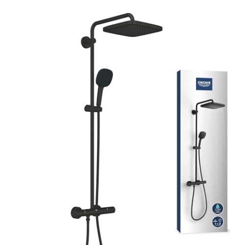 GROHE Vitalio 250, Duschsystem wassersparend 8l pro Min (Regendusche mit Thermostat, schwenkbare Kopfbrause, Sicherheitssperre bei 38°C, Duscharmatur mit Antikalk-System), schwarz, chrom, 266972431