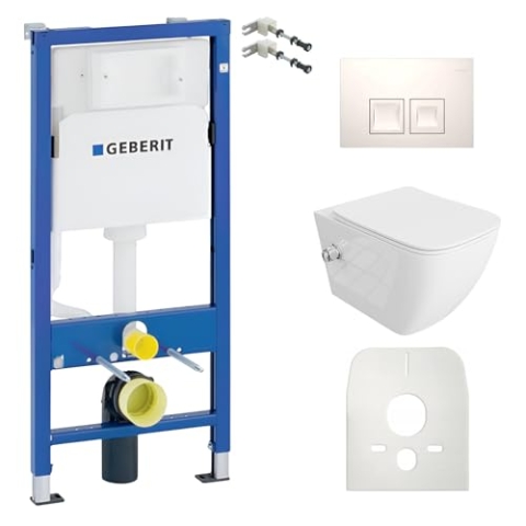 Lavita Duofix Basic Vorwandelement + Wand Tiefspül WC Parana Weiß Spülrandlos + WC Sitz + Bedienplatte Delta 25 Weißer Knopf Komplettset Unterputz Spülkasten Toilette Komplett Sett WC