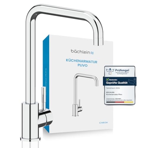 Bächlein Küchenarmatur Plivo (chrom) – Einhand-Spültischbatterie aus Edelstahl mit 360° schwenkbarem Auslauf, Wasserhahn für die Küche in extra massiver Ausführung