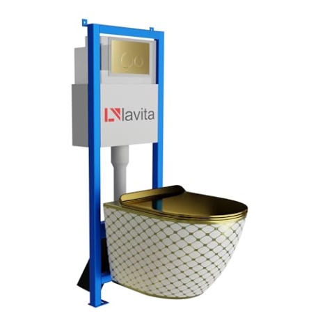 Lavita LAV 101 Vorwandelement für WC 40cm + Wand Hänge Tiefspül WC SOFI SLIM CHECKED GOLD Spülrandlos + Bedienplatte LAV 200.4.5 Gold | Komplettset | Unterputz Spülkasten | Toilette Komplett Sett