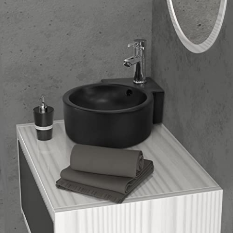 ML-Design Waschbecken Eck aus Keramik in Schwarz, 45x36x13cm, Rund, Wandmontage/Aufsatzwaschbecken, Eckwaschbecken mit Überlauf, Hängewaschbecken Waschtisch Waschschale Waschplatz Handwaschbecken