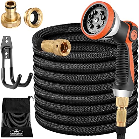 GARDEBRUK® Flexibler Gartenschlauch 15m 3fach Latexkern Vollmessing Adapter 1/2' 3/4' Zoll Wandhalterung Tasche Flexschlauch Wasserschlauch Schwarz