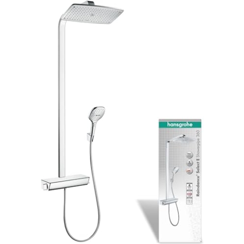 hansgrohe Raindance Select E - Duschsystem mit Thermostat, Regendusche (360 x 190 mm) mit Armatur, Handbrause (3 Strahlarten), Schlauch, Brausestange und eckiger Kopfbrause, Chrom, 27112000