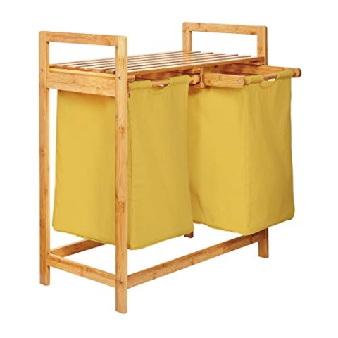 Lumaland Wäschekorb aus Bambus mit 2 ausziehbaren Wäschesäcken | Größe ca. 73 cm Höhe x 64 cm Breite x 33 cm Tiefe, Farbe: Gelb