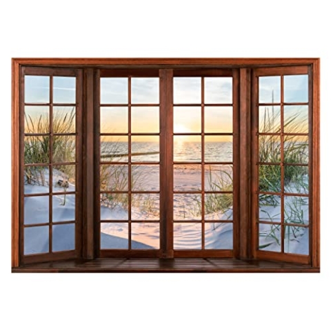 WallArena - Vlies Fototapete Fenster mit Aussicht Strand Meer Ostsee Fensterblick 416x254 cm - Fototapeten Tapeten für Wohnzimmer Schlafzimmer Vliestapete Wandtapete Tapete 3D Effekt- inkl. Kleister