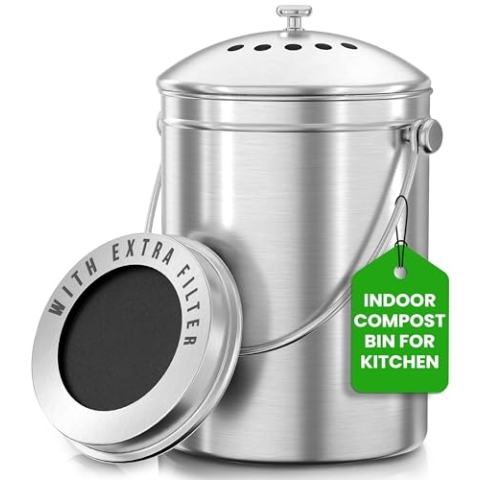 Premium-Qualität Edelstahl Kompostbehälter Komposteimer 1,3 Gallonen, Inklusive Kohlefilter - von Utopia Kitchen