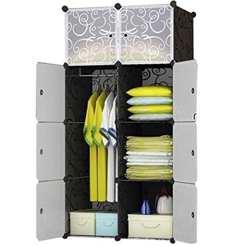 BRIAN & DANY Kleiderschrank aus 8 Würfeln, Garderobenschrank Steckregalsystem Kunststoffschrank mit Türen & 1 Aufhängern, tiefere Fächer als normal (45 cm vs. 35 cm) für mehr Platz