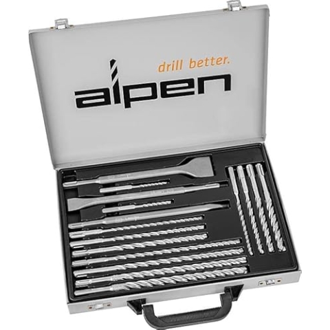 ALPEN Bohrer-Kassetten Set SDS+FORCE X KIT 16 Meißel (16-tlg., mit 4 Vollhartmetall-Schneiden, mit Dübellängenindikator, Hochleistungsbohrer, Bohrsortiment) 0000500216100