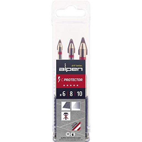 ALPEN Bohrer-Kassetten Box C PROTECTOR (3-tlg., Ø 6,00–10,00 mm, für harte Steinzeugfliesen bis Mohs-/Ritz-Härte 9 sowie Glas und Porzellan, Spezialbohrer, Bohrsortiment) 0000303003100