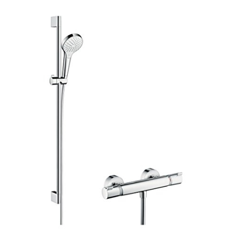 hansgrohe Croma Select S - Duschset mit Thermostat Ecostat Comfort, runder Duschkopf mit Brausestange 90cm, Duschkopfhalterung und Brauseschlauch 1,60m, Duschbrause mit 3 Strahlarten, Weiß/Chrom