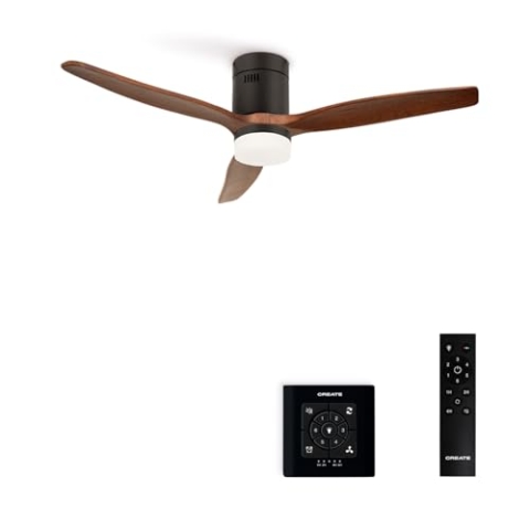CREATE / WINDCALM/Deckenventilator mit Beleuchtung Schwarz Dunkelholzflügel mit Fernbedienung und Wandschalter / 40W, Leise, Ø132cm, ABS, 6 Geschwindigkeiten, Timer, DC-Motor, Sommer-Winterbetrieb