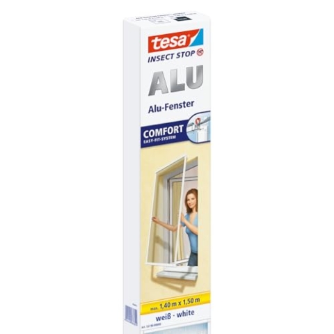 tesa Insect Stop ALU Comfort Fliegengitter für Fenster - Insektenschutz mit Rahmen aus Aluminium - Fliegen Netz ohne Bohren - Weiß, 140 cm x 150 cm