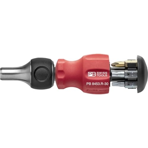 PB Swiss Tools Ratschenschraubendreher PB 8453.R-30 | 100% Swiss Made | Stubby Bithalter Schraubendreher mit 6 PrecisionBits C6 Schlitz/Kreuz/Torx und magnetischer Bitaufnahme