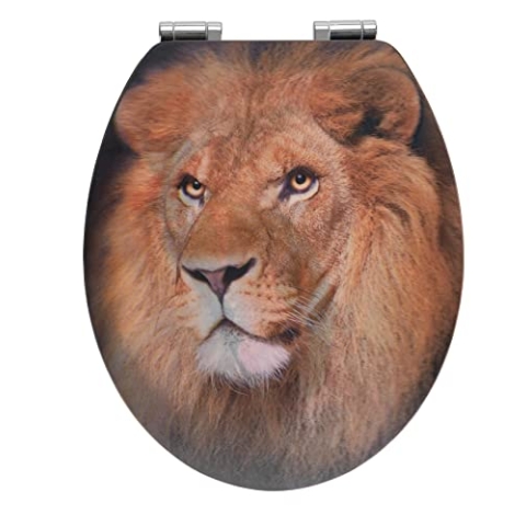 WENKO WC-Sitz Mod. Lion, Toilettensitz mit Absenkautomatik und 3D-Motiv, WC-Deckel für sanftes Deckelschließen mit rostfreier Hygienebefestigung, aus MDF, 38 x 44,5 cm, FSC® Zertifiziert, Mehrfarbig