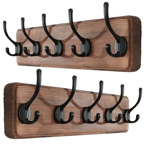 SKOLOO Garderobenleiste Holz Braun(2 Stück), 44 cm langer, hölzerner Kleiderhaken Wand, Rustikaler Stil, Stabil garderobenhaken mit 5 Haken
