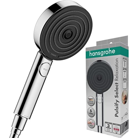 hansgrohe Pulsify Select S - Duschkopf, Handbrause mit 3 Strahlarten (Relaxation Version), runde Duschbrause (105 mm), Brausekopf mit Antikalk-Funktion, Chrom, 24110000