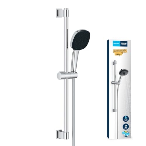 GROHE Vitalio 110, Duschset wassersparend, 8l pro Min (Brausestangenset mit: Duschkopf 2 Strahlarten, 1,75m Schlauch, Duschstange 60cm, zum Kleben oder Bohren, ohne Kleber), eckig, chrom, 26398001