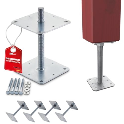 SOTECH 4er Set Pfostenträger 160 x 160 x 250 mm Gewinde M24 Stahl feuerverzinkt Stützträger höhenverstellbar Pfostenfuß zum aufschrauben Witterungsbeständig