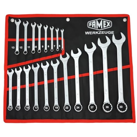 FAMEX 10349-19 Ringmaulschlüssel Satz - Gabelringschlüssel Schraubenschlüssel Set - in Rolltasche -19-tlg