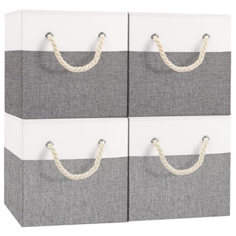 Yawinhe 4 Stück Aufbewahrungsbox Stoff, Faltbare Aufbewahrungskorb, Aufbewahrungswürfel aus Stoff, mit Griff Stoffkisten Aufbewahrung, für Kleideraufbewahrung, Weiß/Grau, 33x33x33cm