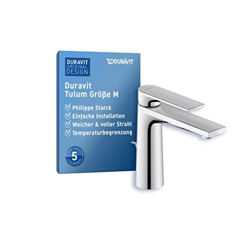 Duravit Tulum Waschtischarmatur, Größe M (Auslauf Höhe 122 mm), Wasserhahn Bad mit Zugstangen-Ablaufgarnitur, Waschbecken Armatur, Chrom