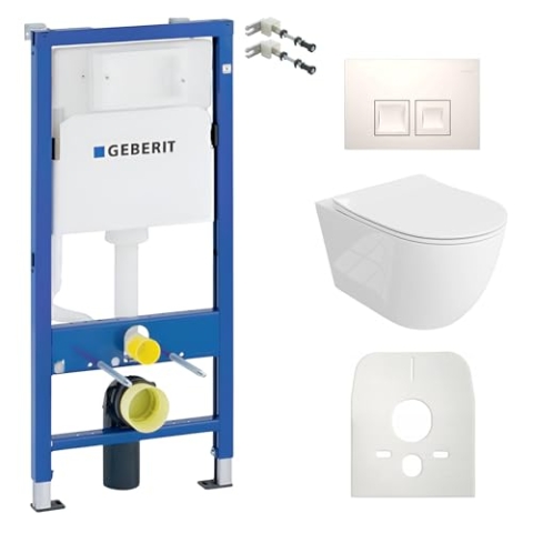 Lavita Duofix Basic Vorwandelement + Wand Tiefspül WC Sinto Grande Weiß Spülrandlos + WC Sitz + Bedienplatte Delta 25 Weißer Knopf Komplettset Unterputz Spülkasten Toilette Komplett Sett WC