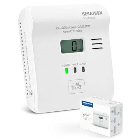 Hekatron KonexXt CO One – Kohlenmonoxid Melder 10 Jahre Batterie – CO Melder mit übersichtlichem Display und Test-Alarm-Taste, einfache Installation