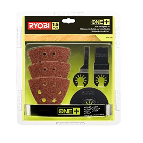 Ryobi Holz-Set für Multitool 15-tlg. RAK15MT (Multitool Zubehör-Set für Holzbearbeitung, für Multitool RMT1801M,inkl.Holz-Tauchsägenblätter und Schleifpapier) 5132002809