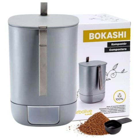 Plastia Bokashi Eimer Starterset 10,6 L - Design Küchenkomposter aus Recyceltem Kunststoff - Bokashi Komposter mit Ferment 1 kg und Broschüre - Komposteimer wandelt Küchenabfälle in Dünger um