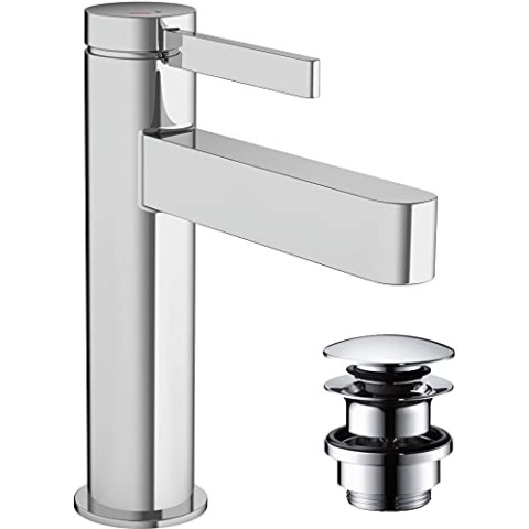 hansgrohe Waschtischarmatur Finoris, Wasserhahn Bad mit Auslauf Höhe 110 mm, mit Push-Open Ablaufgarnitur, Badarmatur wassersparend, Chrom