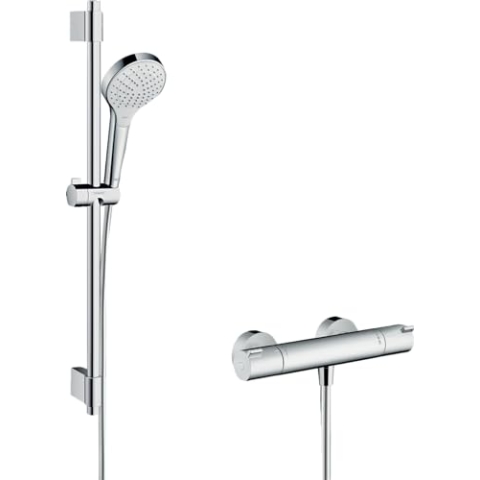 hansgrohe Croma Select S - Brausesystem Aufputz, Duschset mit Duschkopf (3 Strahlarten), Brausethermostat Ecostat 1001 CL, Duschschlauch 160 cm und Duschstange 72 cm, Weiß/Chrom
