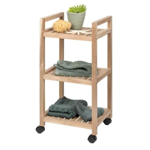 WENKO Rollregal 3 Etagen Acina, Regal mit 4 Rollen & 2 Feststellbremsen vielseitig einsetzbar, Rollwagen mit 3 Böden aus natürlichem Akazienholz ökologisch FSC® Zertifiziert, 35 x 72 x 31 cm