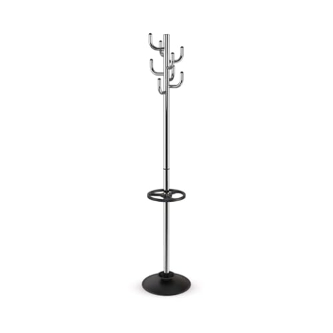 Maul Garderobe MAULpolaris 36,5x36,5x177cm | Garderobenständer mit Regenschirmhalter und 8 Haken | Flurgarderobe für Büro, Empfangsbereich | Stabiler Kleiderständer aus Stahl | Chrome