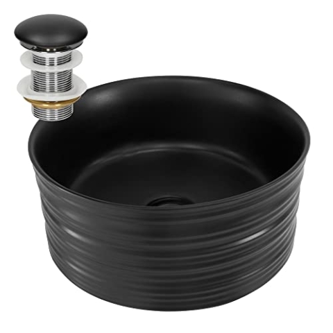 ML-Design Waschbecken Keramik Schwarz matt Ø 41x18 cm Rund inkl. Ablaufgarnitur, Moderne Aufsatzwaschbecken, Design Waschtisch Aufsatz-Waschschale Waschplatz Handwaschbecken, für Badezimmer/Gäste-WC