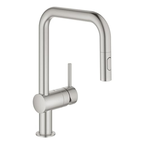 GROHE Minta, Küchenarmatur 2 Strahlarten (Wasserhahn Küche mit ausziehbarer Brause, 360° schwenkbar, wassersparend dank variabler Mengenbegrenzung, einfache Spülbecken-Montage), edelstahl, 32322DC2