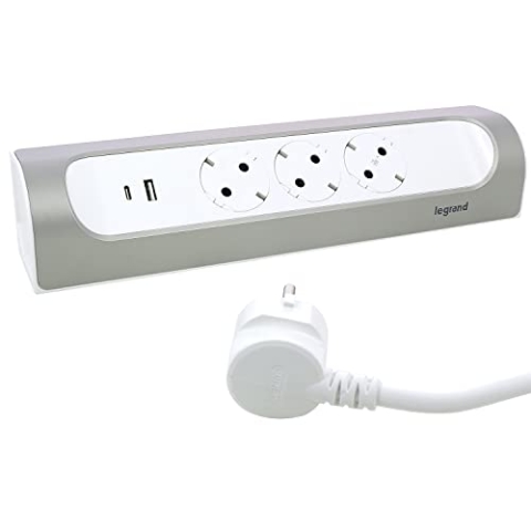 LEGRAND, Ecksteckdosenleiste, 45°abgewinkelt, 3-fach Steckdose, USB-A- und USB-C-Anschluss, 3000mA - 5,0V -15 W MAX, Wand- und Tischmontage, 2 Meter Kabellänge, Ultraweiß/Aluminium, 694502