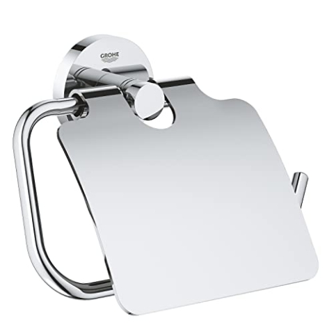 GROHE Start, Toilettenpapierhalter WC ohne Bohren (Klopapierhalter zum Kleben und Bohren geeignet, mit Schrauben & Dübel, Kleber separat kaufen, mit Deckel, verdeckte Befestigung), chrom, 41179000