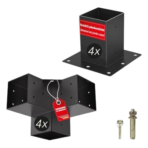 SOTECH Aufbau SET 8-tlg (4x Eckverbinder + 4x Bodenhülse) vierkant 90 x 90 mm Stahl verzinkt und schwarz pulverbeschichtet für höchsten Korrosionsschutz, Pfostenecke für Alu und Holz-Konstruktionen