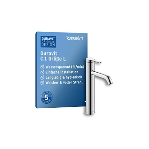 Duravit C.1 Waschtischarmatur, Größe L (Auslauf Höhe 173 mm), Wasserhahn Bad mit Zugstangen-Ablaufgarnitur, Waschbecken Armatur mit Keramikkartusche, Chrom
